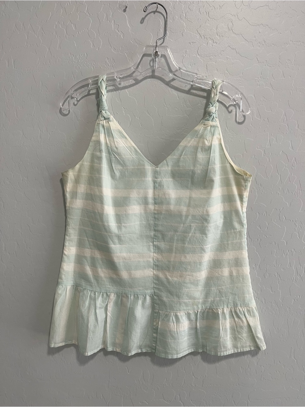 Banana Republic Striped Mint & Cream V-Neck Ruffle Hem Women's Tank Top